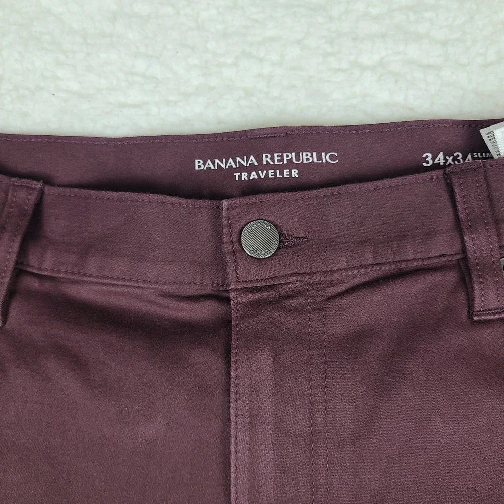 Banana Republic Traveler Pants Mens 34x34 Burgundy Red Slim‎ Performance Chino *